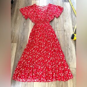 Kindred red dress with white,tan color floral print dress size large